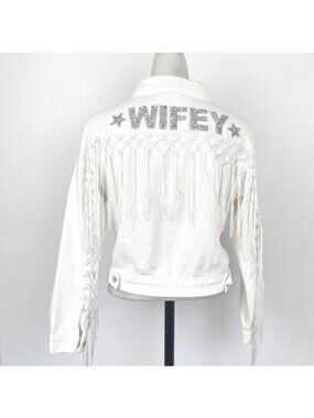 Event Blossom White Fringe WIFEY Rhinestone Denim Jacket with Stars Medium